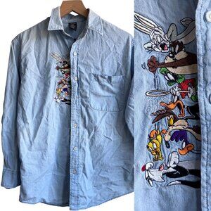 Vintage Warner Bros Studio Cartoon Button Down Cotton Chambray Blue Shirt XS